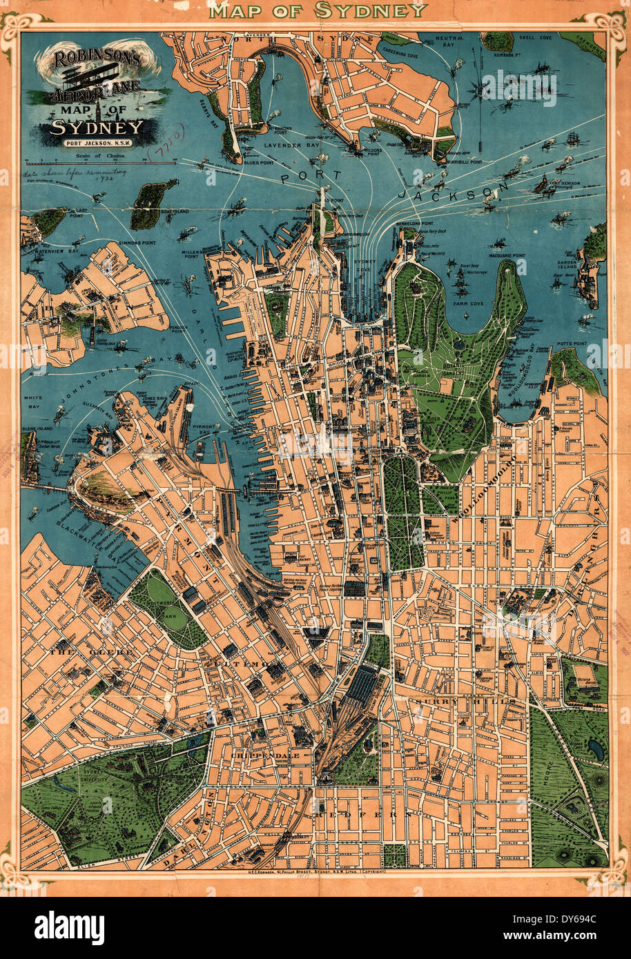 Robinson's avión Mapa de Sydney, Australia, 1922 Foto de stock