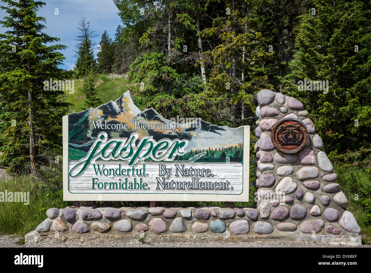 La señal de entrada del Parque Nacional Jasper, Alberta, Canadá. Foto de stock