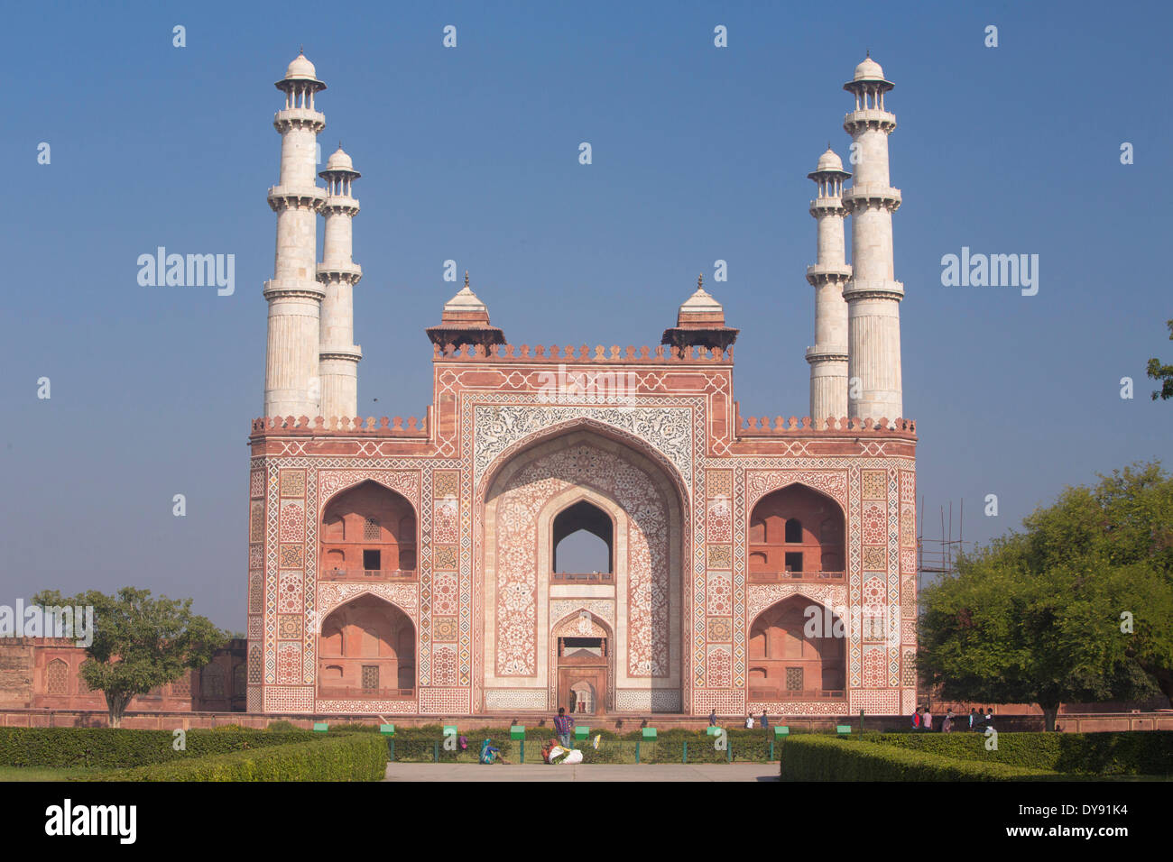 Tumba, Sikandra, Agra, Uttar Pradesh, torres, religión, Asia Foto de stock