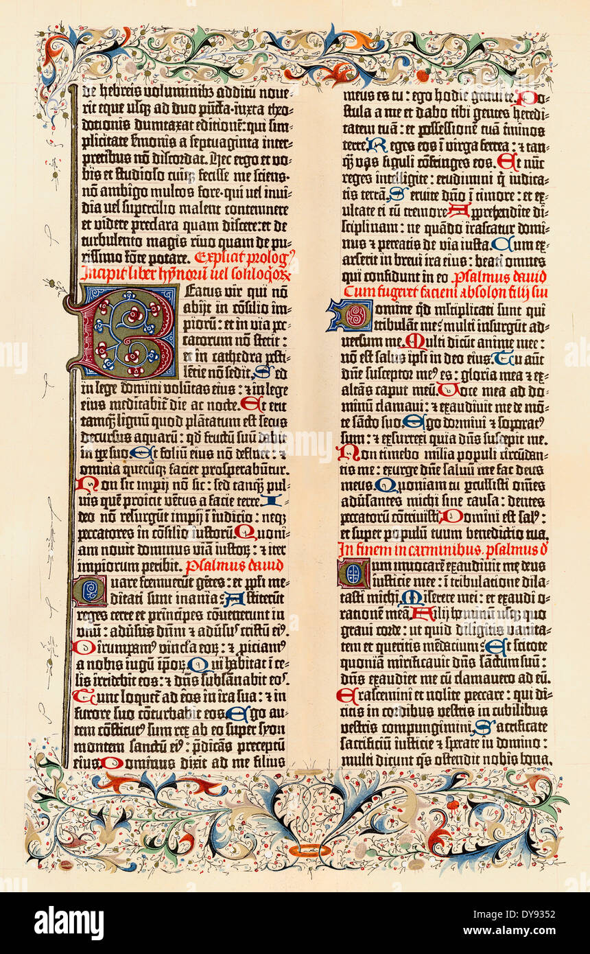 Facsímil de una página de la Biblia de Gutenberg o Biblia de 42 líneas, 1454, Foto de stock