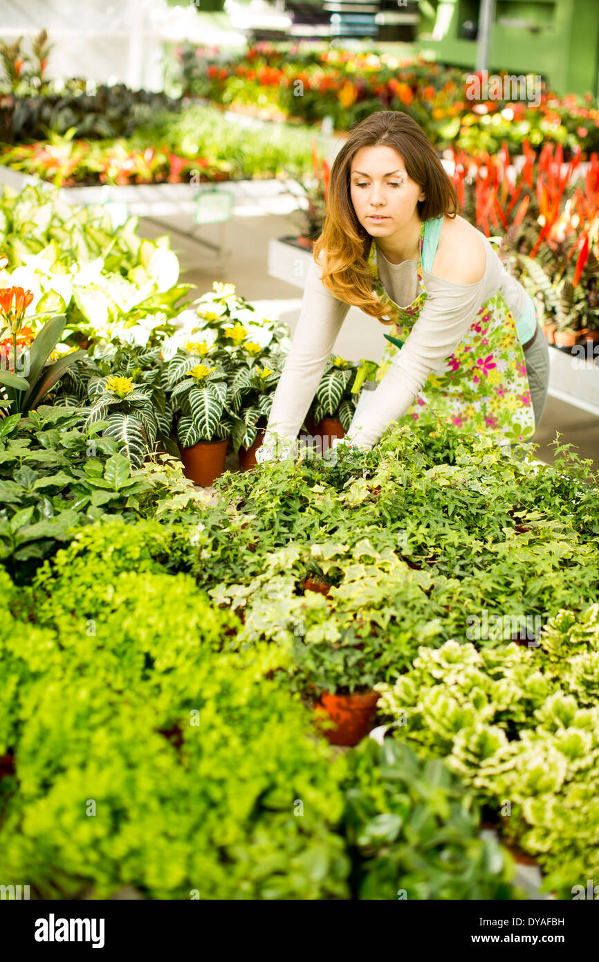 Mujer joven en el jardín de flores Foto de stock