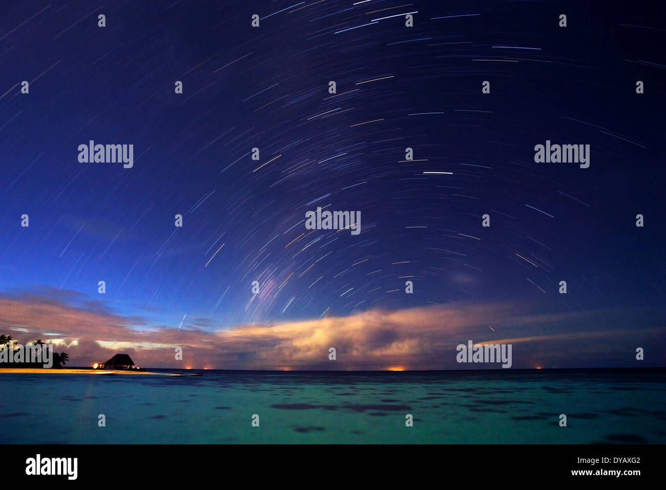 Noche estrellada sobre el complejo tropical, hermoso entorno natural,  muchas estrellas en el cielo de color azul oscuro, bellísimo paisaje  Fotografía de stock - Alamy