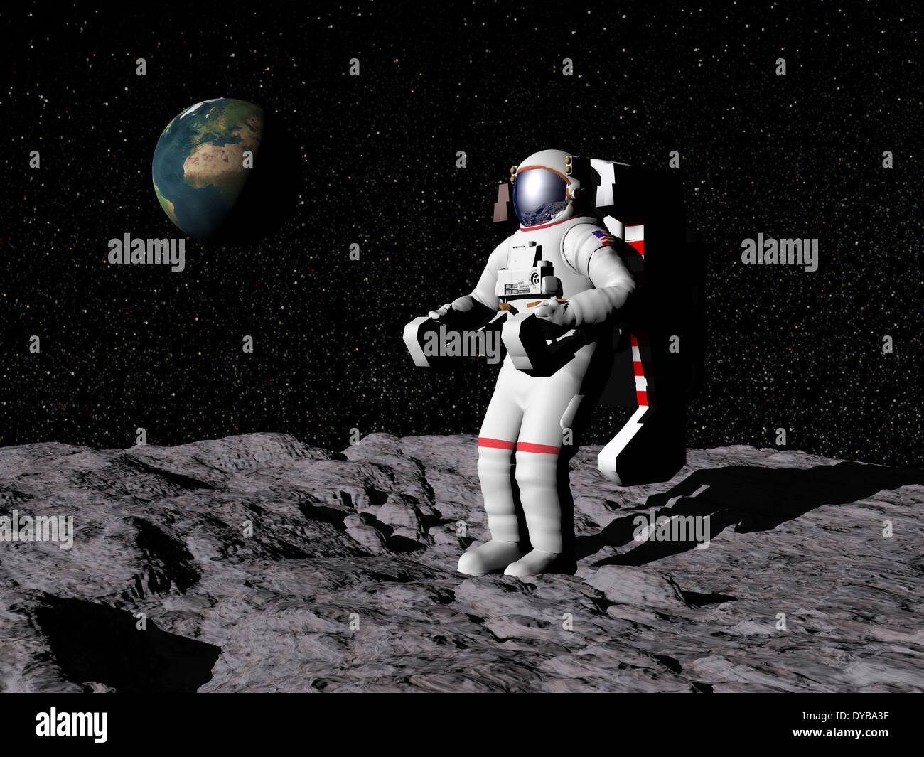 Astronauta en la luna con la tierra en el fondo. Foto de stock