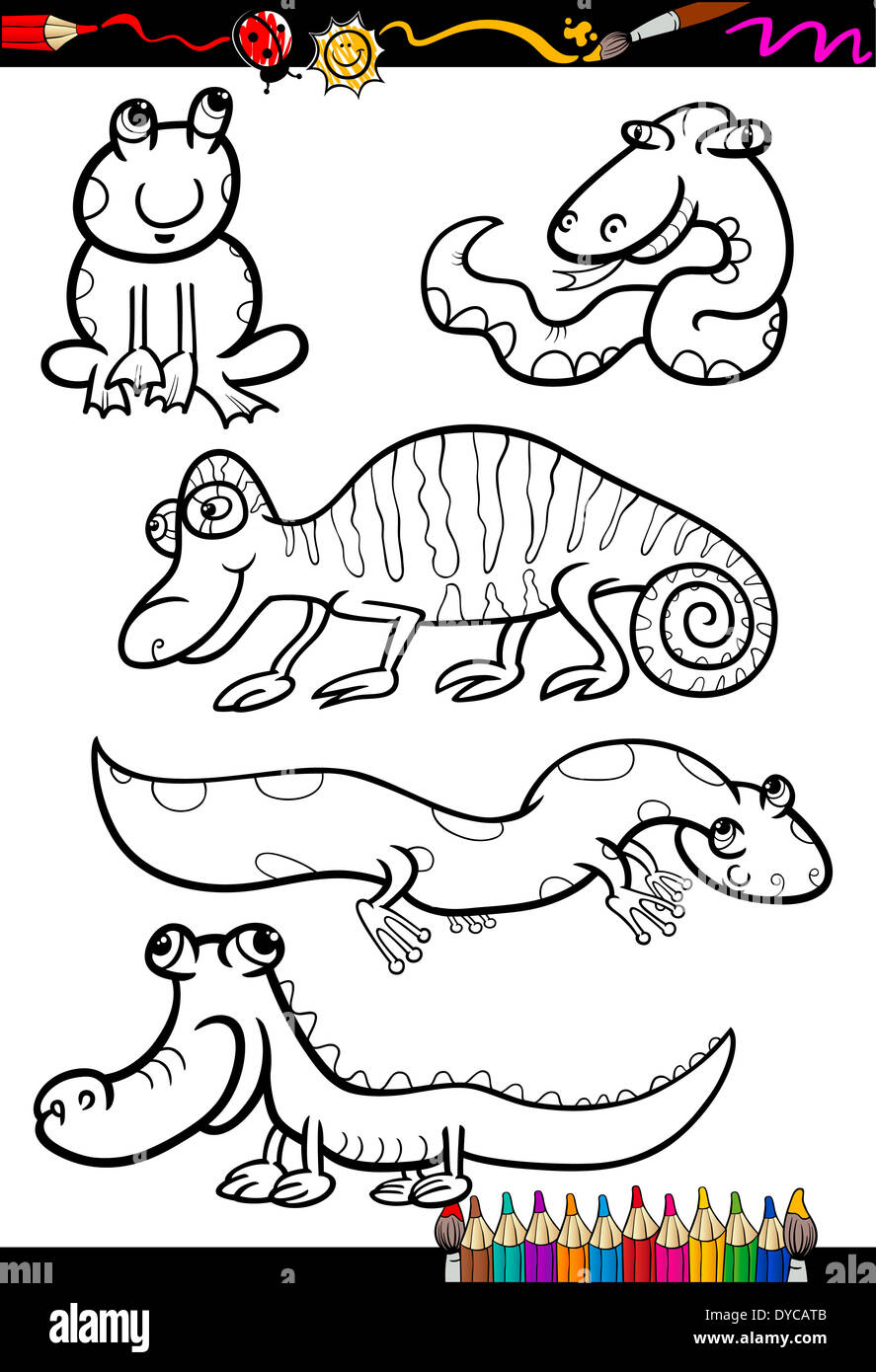 Libro para colorear o página ilustración caricatura en blanco y negro de  los Reptiles y Anfibios de personajes de animales para niños Fotografía de  stock - Alamy