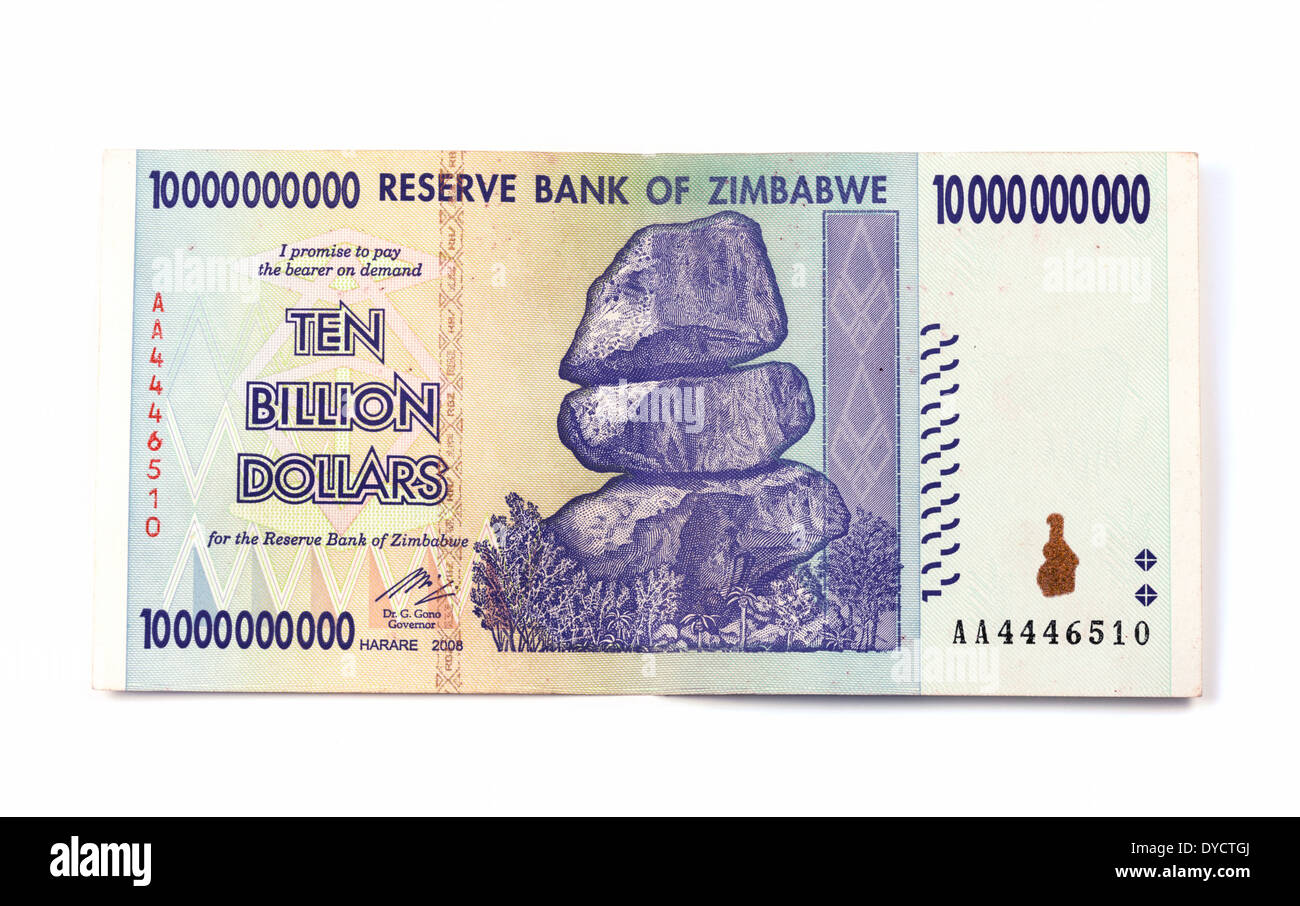 Una nota dinero de diez billones de dólares de Zimbabwe, África, publicado debido a una grave inflación en 2008 Foto de stock