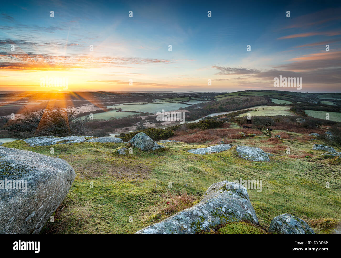 Amanecer en primavera Helman Tor cerca de Bodmin en Cornwall. Foto de stock