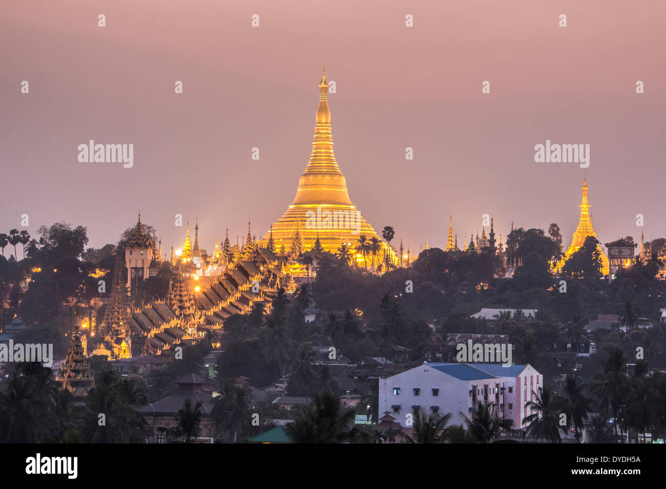 Myanmar, Birmania, Asia, Yangon, Rangún, Shwedagon Pagoda, religión, Golden, Landmark, noche Foto de stock