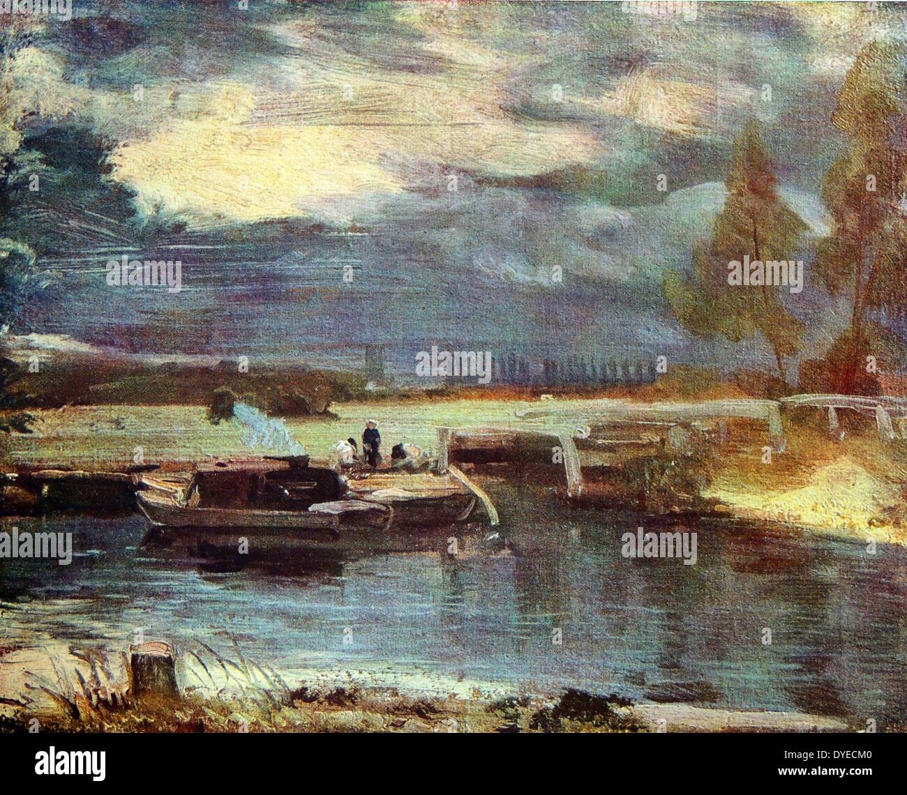 Paisaje de aceite pintura titulada 'botes en el Stour'. El Río Stour pasa a  través de la Dedham vale en la aldea de Dedham. La pintura muestra a un  barco en el
