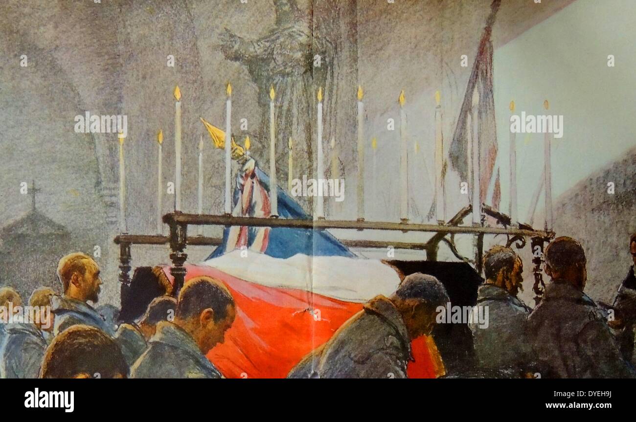 El servicio en honor de los soldados muertos en la batalla del Somme, 1916. Esta pintura de Georges Scott muestra un servicio religioso con una bandera colgante cofin en una iglesia francesa. Foto de stock