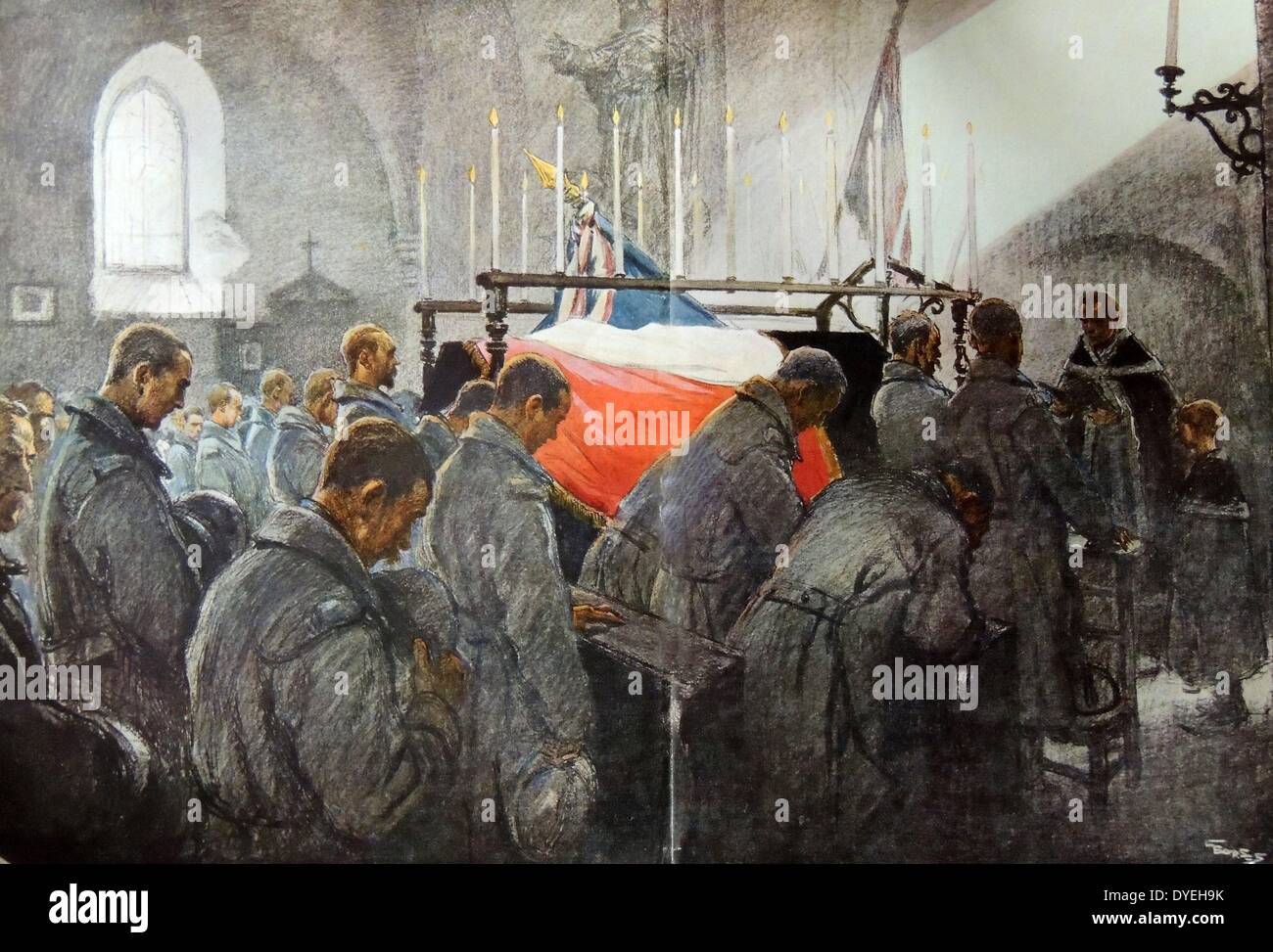 El servicio en honor de los soldados muertos en la batalla del Somme, 1916. Esta pintura de Georges Scott muestra un servicio religioso con una bandera colgante cofin en una iglesia francesa. Foto de stock