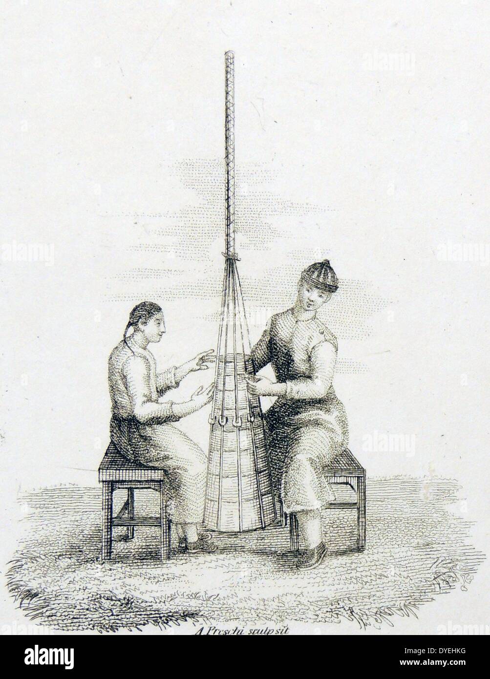 Haciendo cordón de seda, China. Grabado, Londres, 1812. Foto de stock