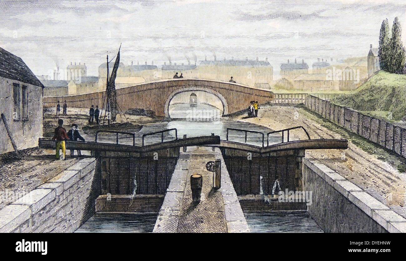 Libra doble cerradura en el Regent's Canal, Londres, mostrando el extremo oriental del túnel de Islington en el fondo. Grabado pintado a mano, Londres, c1839. Foto de stock