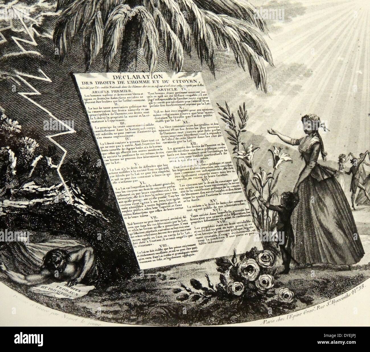 Grabado de 1789 mostrando la declaración de los "derechos del hombre" Foto de stock