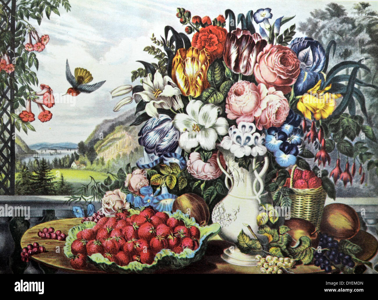 Currier & Ives Ilustración del siglo XIX. Paisaje, frutas y flores. Foto de stock