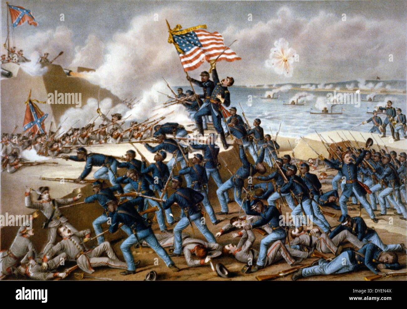 Asalto a Fort Wagner una ilustración por Kurz & Allison. fecha 1890. chromolithograph mostrando soldados de la Unión asaltando las murallas del Fuerte de Wagner de Morris Island, Carolina del Sur, y comprometer a algunos soldados confederados en el combate mano a mano durante la Guerra Civil Americana Foto de stock