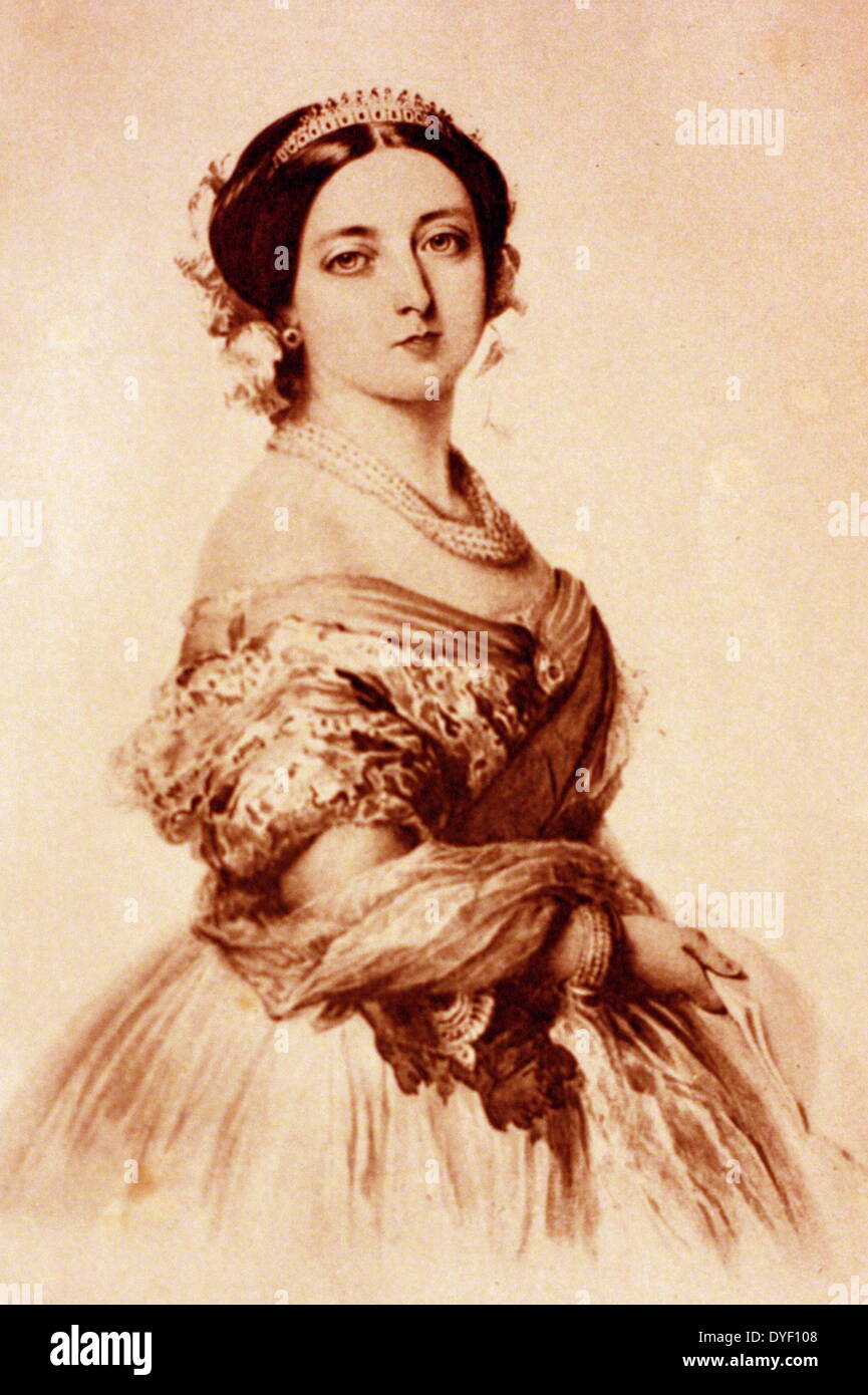 Un retrato de la reina Victoria desde 1855. Creado a partir de una acuarela, por J. Winterhalter en el Palacio de Buckingham. Muestra una joven reina de lado en posición vertical de longitud mediana. Foto de stock