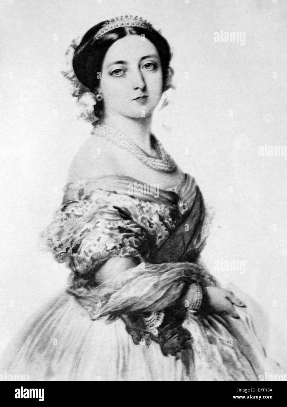 Un retrato de la reina Victoria desde 1855. Creado a partir de una acuarela, por J. Winterhalter en el Palacio de Buckingham. Muestra una joven reina de lado en posición vertical de longitud mediana. Foto de stock