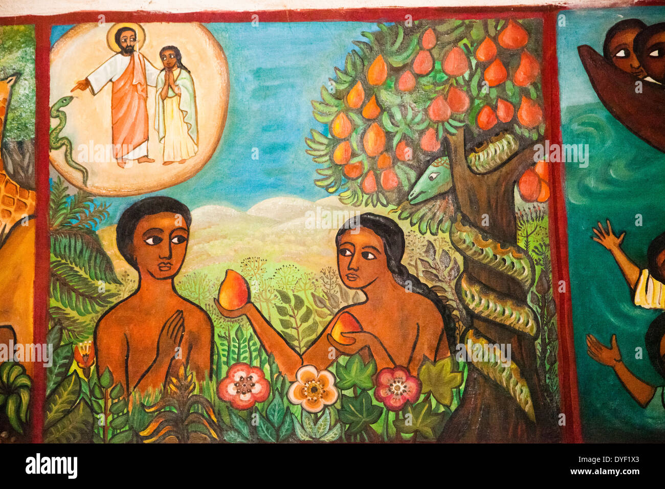 Adán y Eva ingenuas pinturas (estilo etíope) de historias bíblicas en una  iglesia en Kenya kalacha Fotografía de stock - Alamy