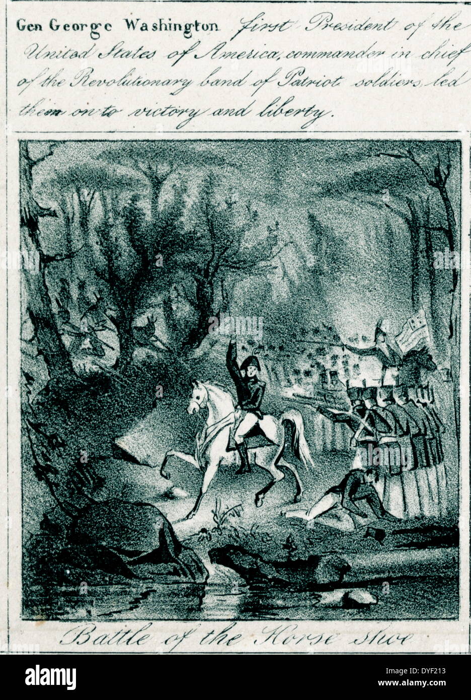Ilustración mostrando el General George Washington a caballo llevando la carga en la batalla de la Herradura. A su alrededor hay otros soldados heridos e ilesos. Circa 1800. Foto de stock