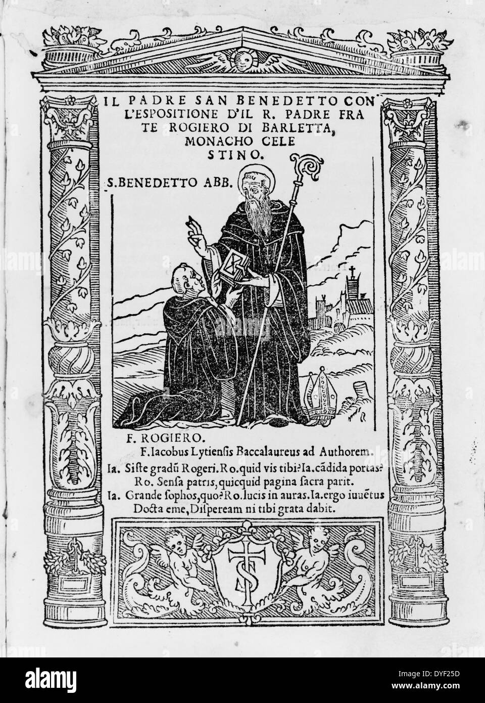 San Benito presentando su normativa monástica a r. padre frate Rogiero di  Barletta, quien está de rodillas delante de él. 1539 Fotografía de stock -  Alamy