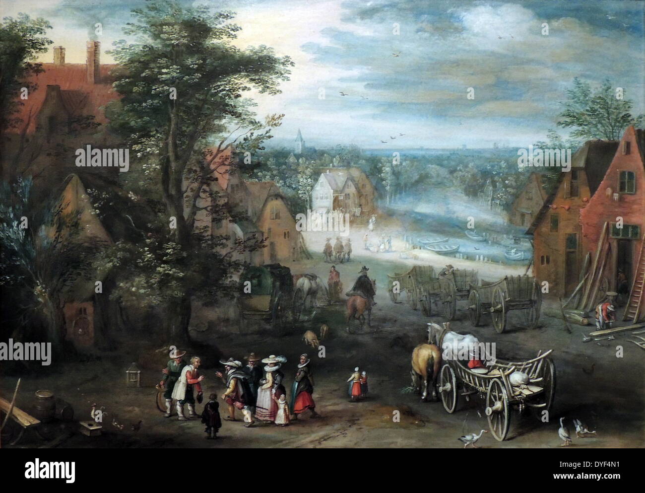 Pintura de una aldea llamada "escena" 1663. Parte de la colección de arte en Upton House Foto de stock