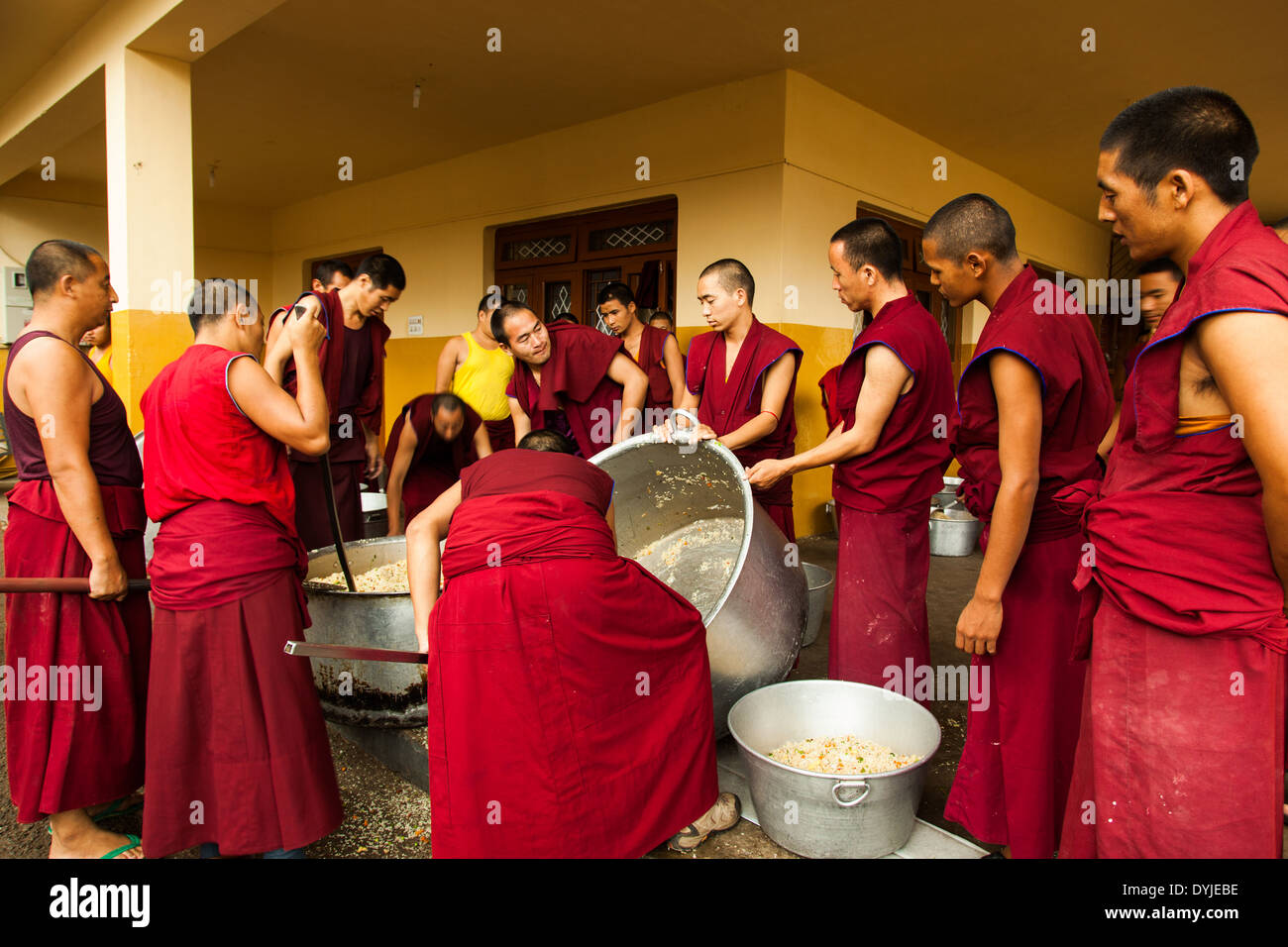 Los monjes budistas en la cocina preparando el almuerzo en Bylakuppe, India. Foto de stock