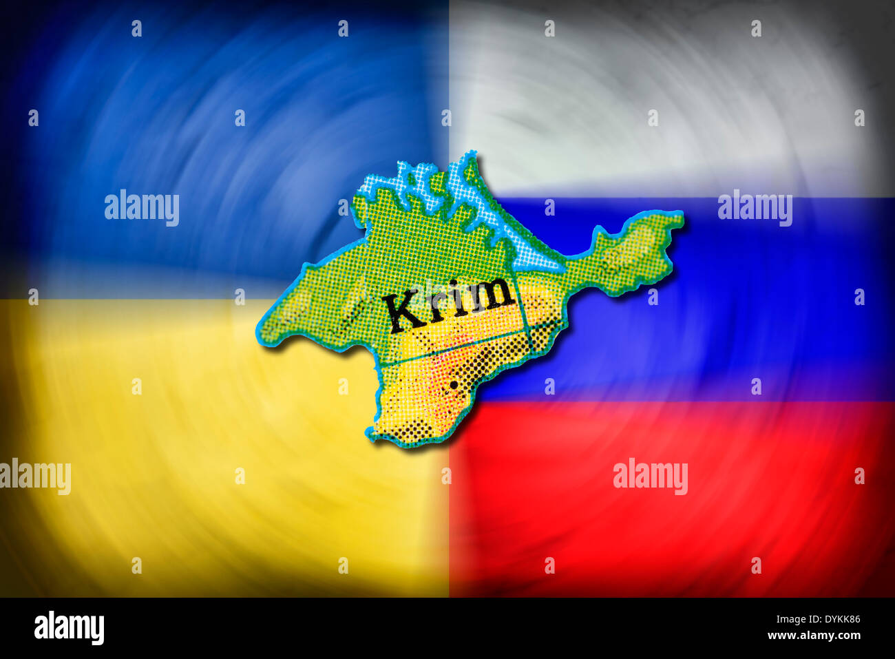 Karte der Krim Vor den Fahnen von Ucrania und Russland, Krim-Krise Foto de stock