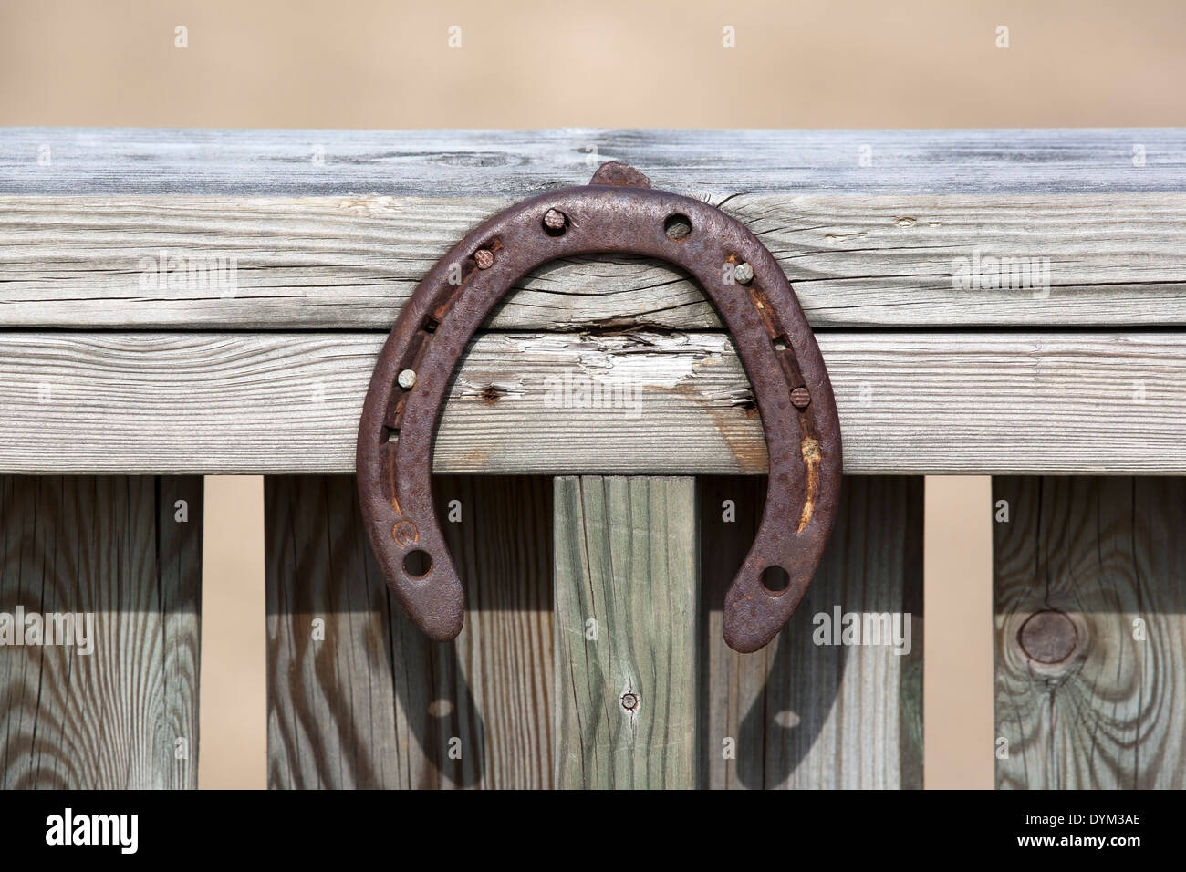 Rusty old horseshoe clavado en madera Foto de stock
