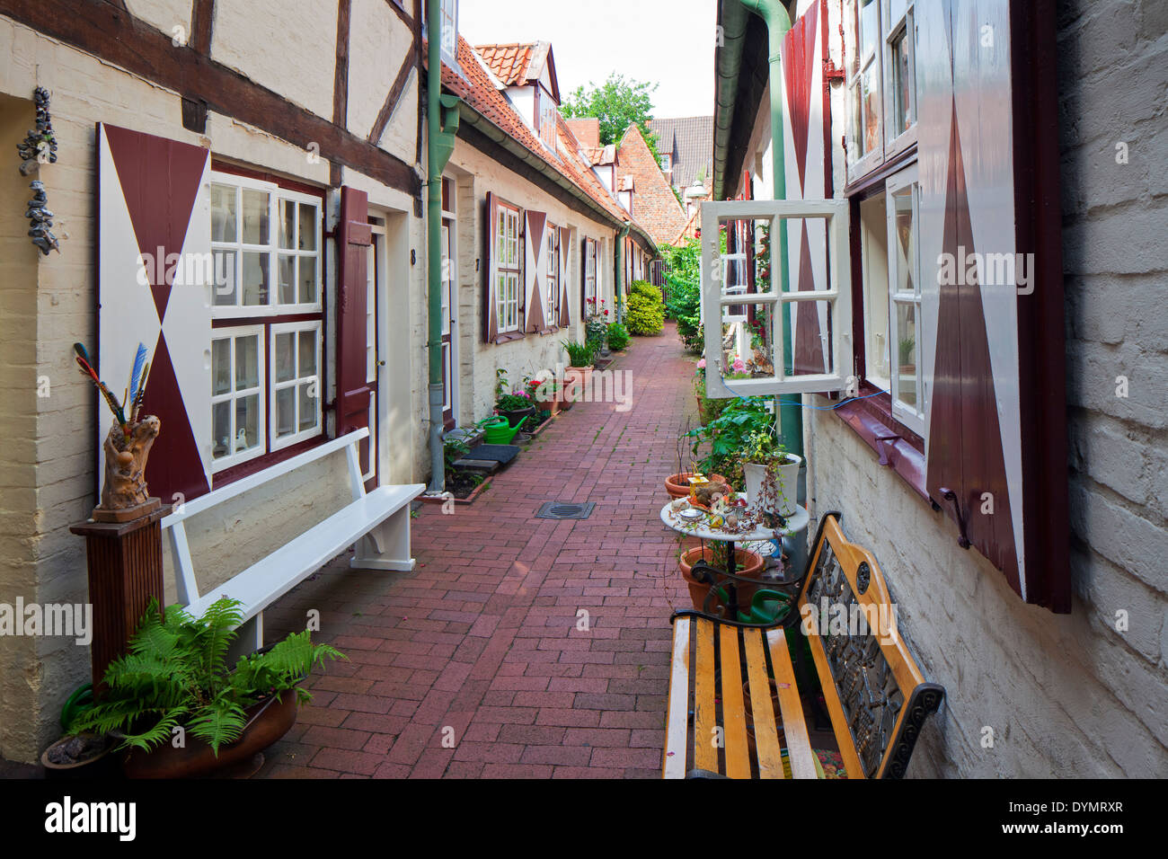 Casas Históricas en el von Höveln pista / Von Hoeveln alley en Lübeck, Schleswig-Holstein, Alemania Foto de stock