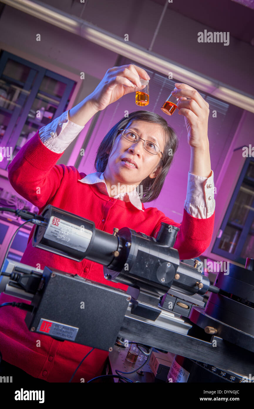 El científico del laboratorio, sosteniendo los frascos de College Park, Maryland, líquido Foto de stock