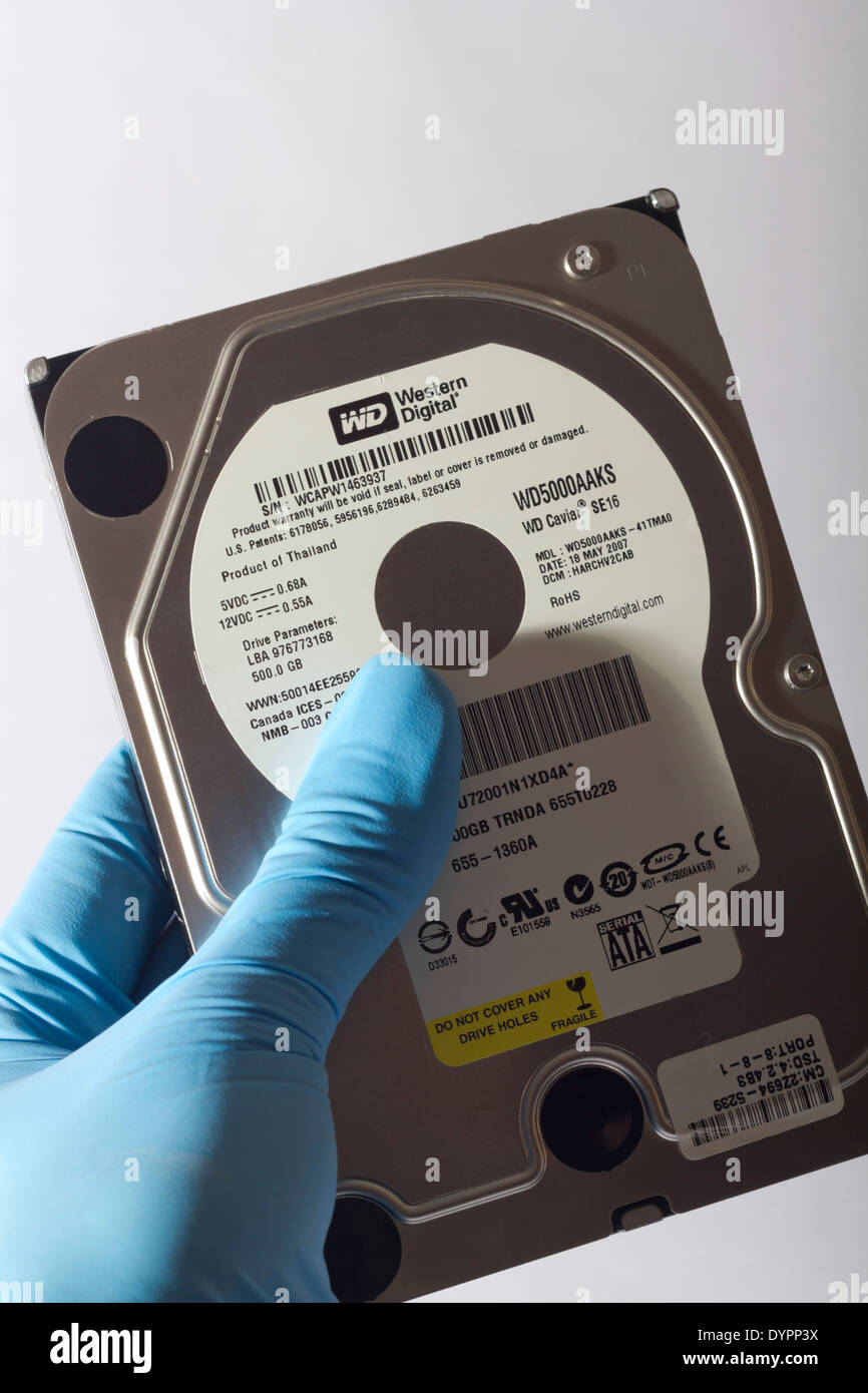 Guantes de látex examina el disco duro de un ordenador. Pruebas: virus  Fotografía de stock - Alamy
