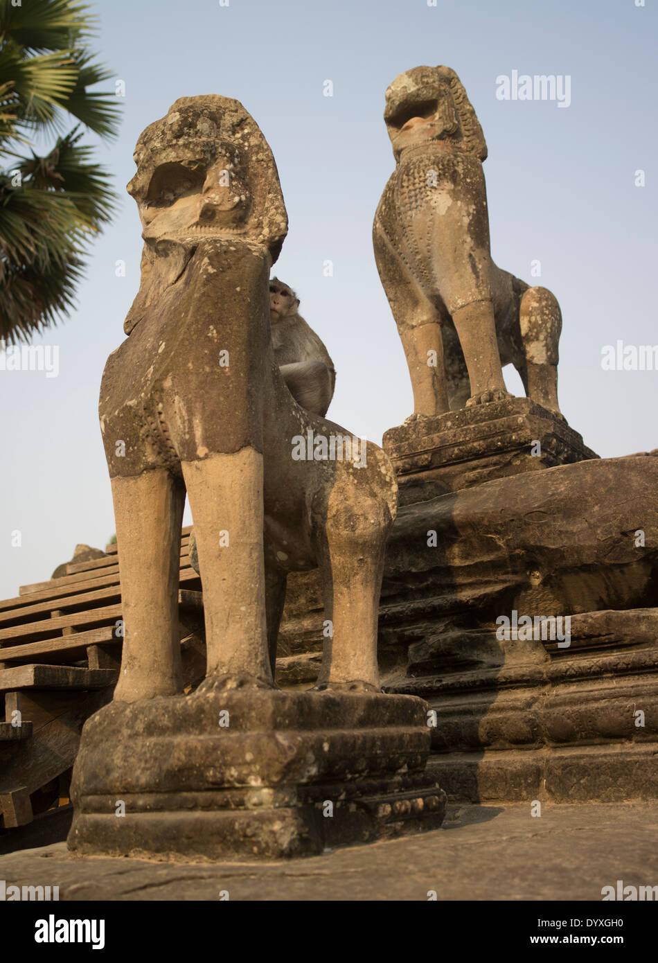 Un mono se ubica en la parte posterior de una estatua en Angkor Wat, Patrimonio de la Humanidad de la UNESCO. En Siem Reap, Camboya Foto de stock