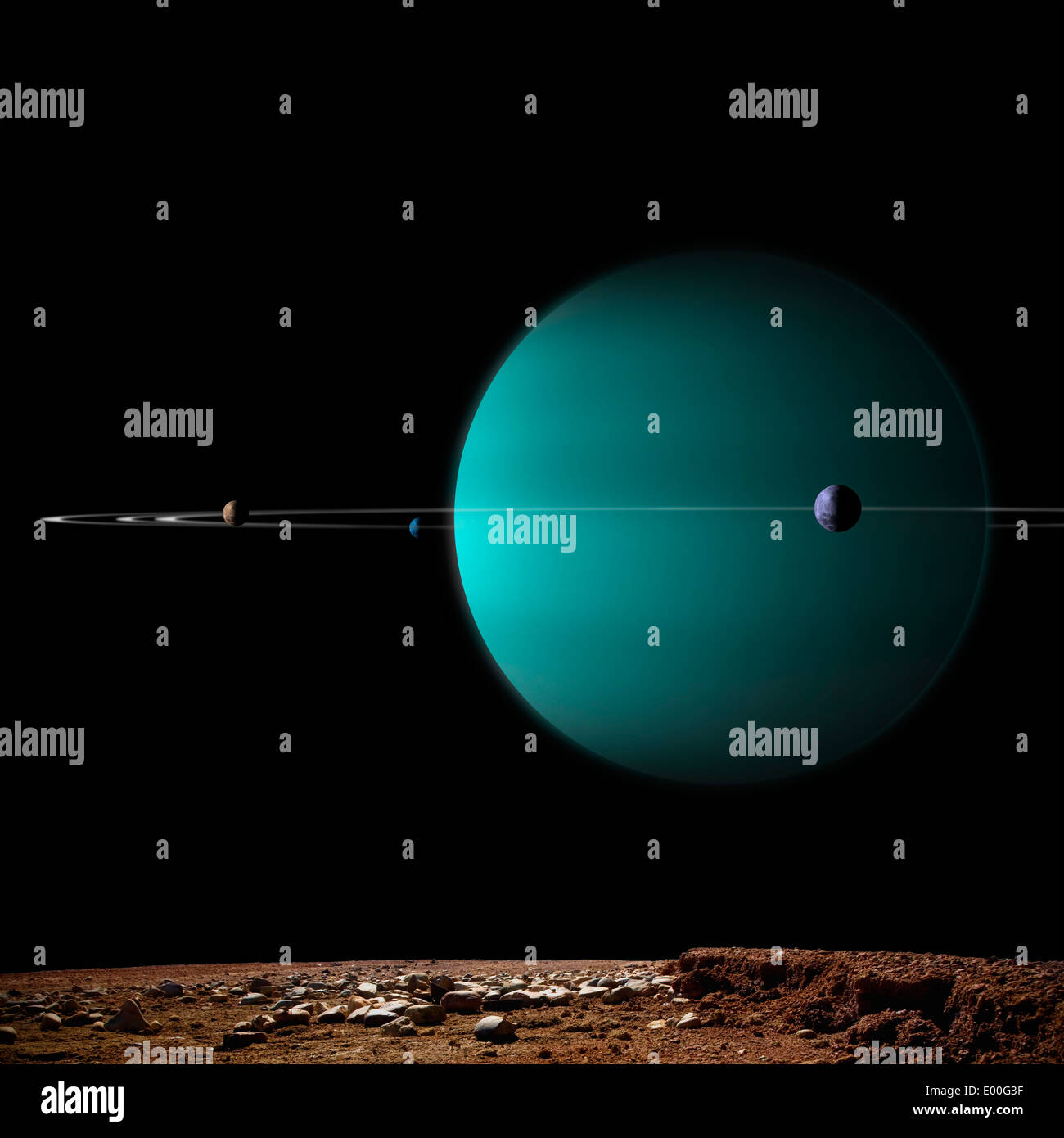 Retrato del artista de un planeta de gas gigante anillado rodeado por sus lunas. Foto de stock