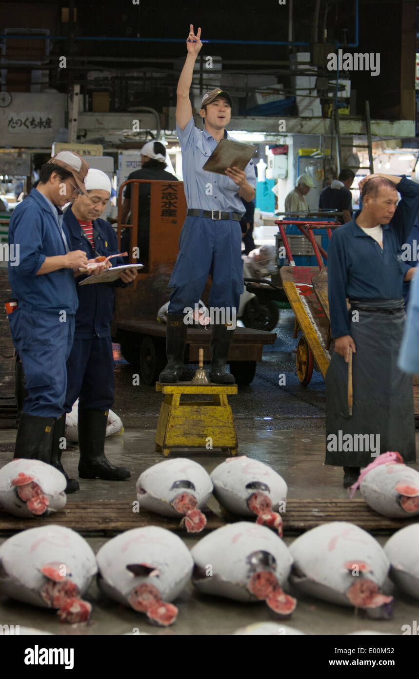 Un rematador realiza una subasta de atunes pescados compradores hacen sus ofertas Foto de stock