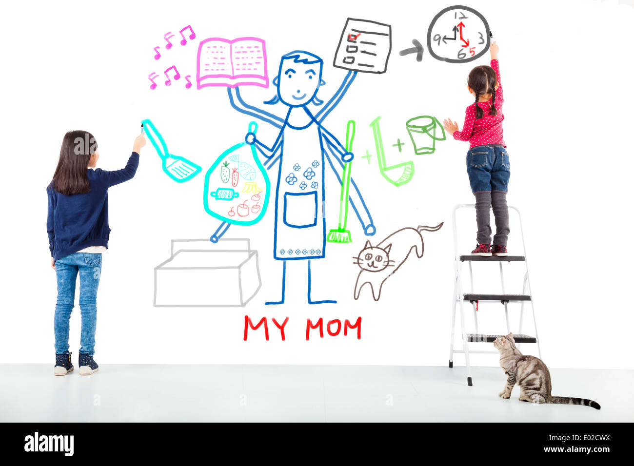 Dibujo de dos hijos de su madre las tareas del trabajo Foto de stock