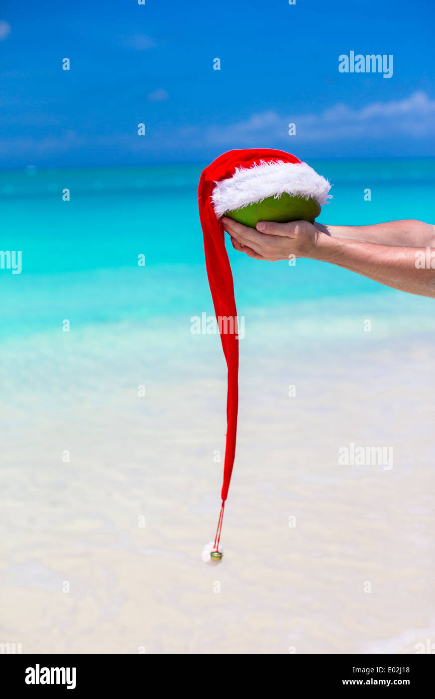 Coco con gorro de Papá Noel en manos de hombres contra el mar turquesa  Fotografía de stock - Alamy