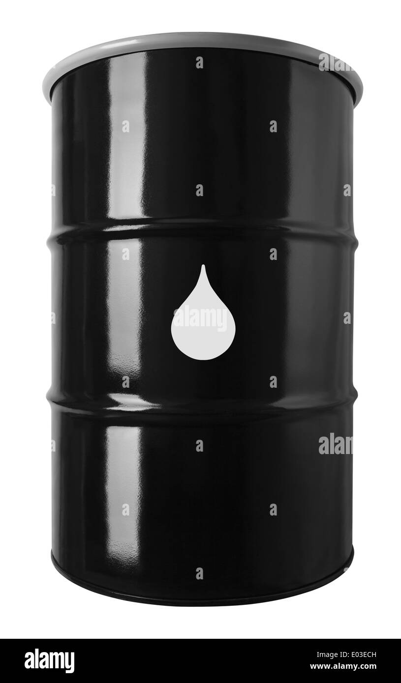 Tambor de 55 galones de aceite negro con símbolo de caída aislado sobre fondo blanco. Foto de stock
