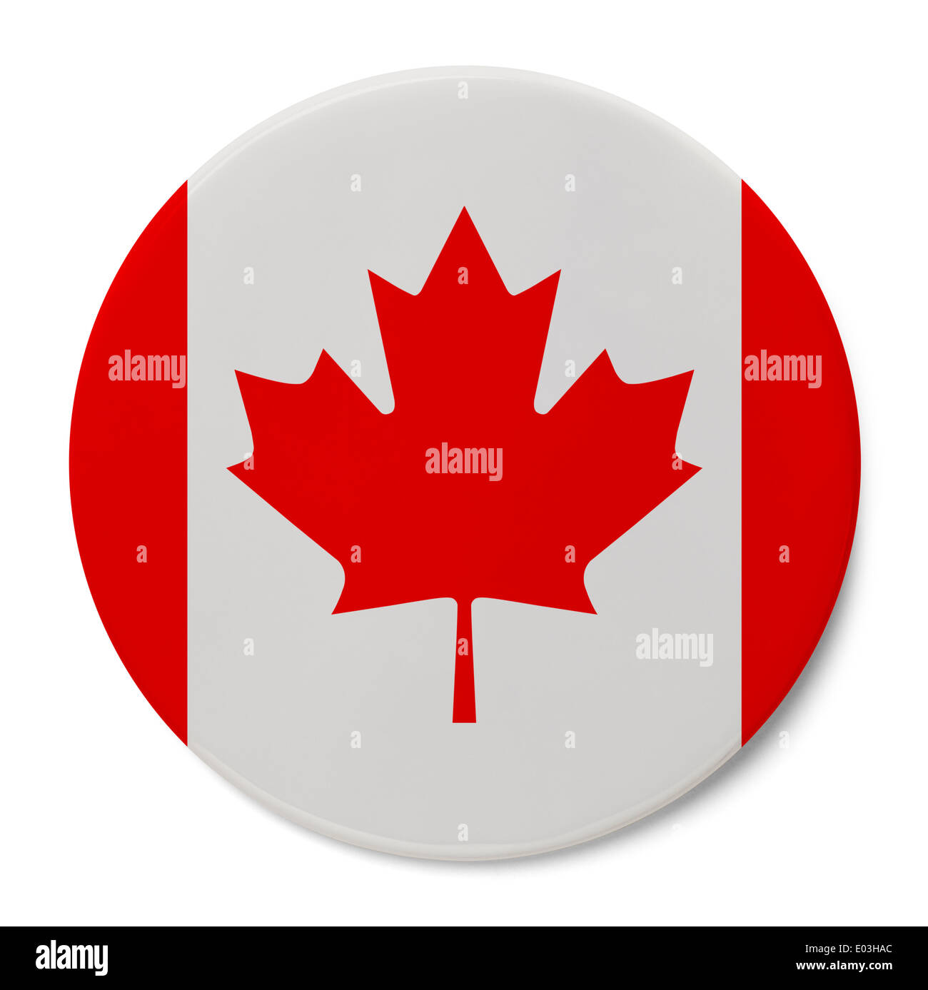 Round Pin con la bandera Canadiense aislado sobre fondo blanco. Foto de stock