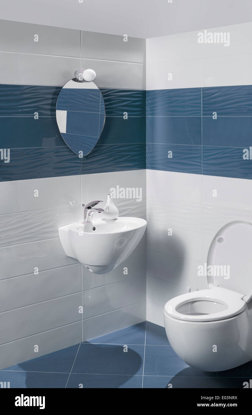 Detalle de un moderno cuarto de baño lujoso con wc, lavabo y bidet, azulejos blancos y azules Foto de stock