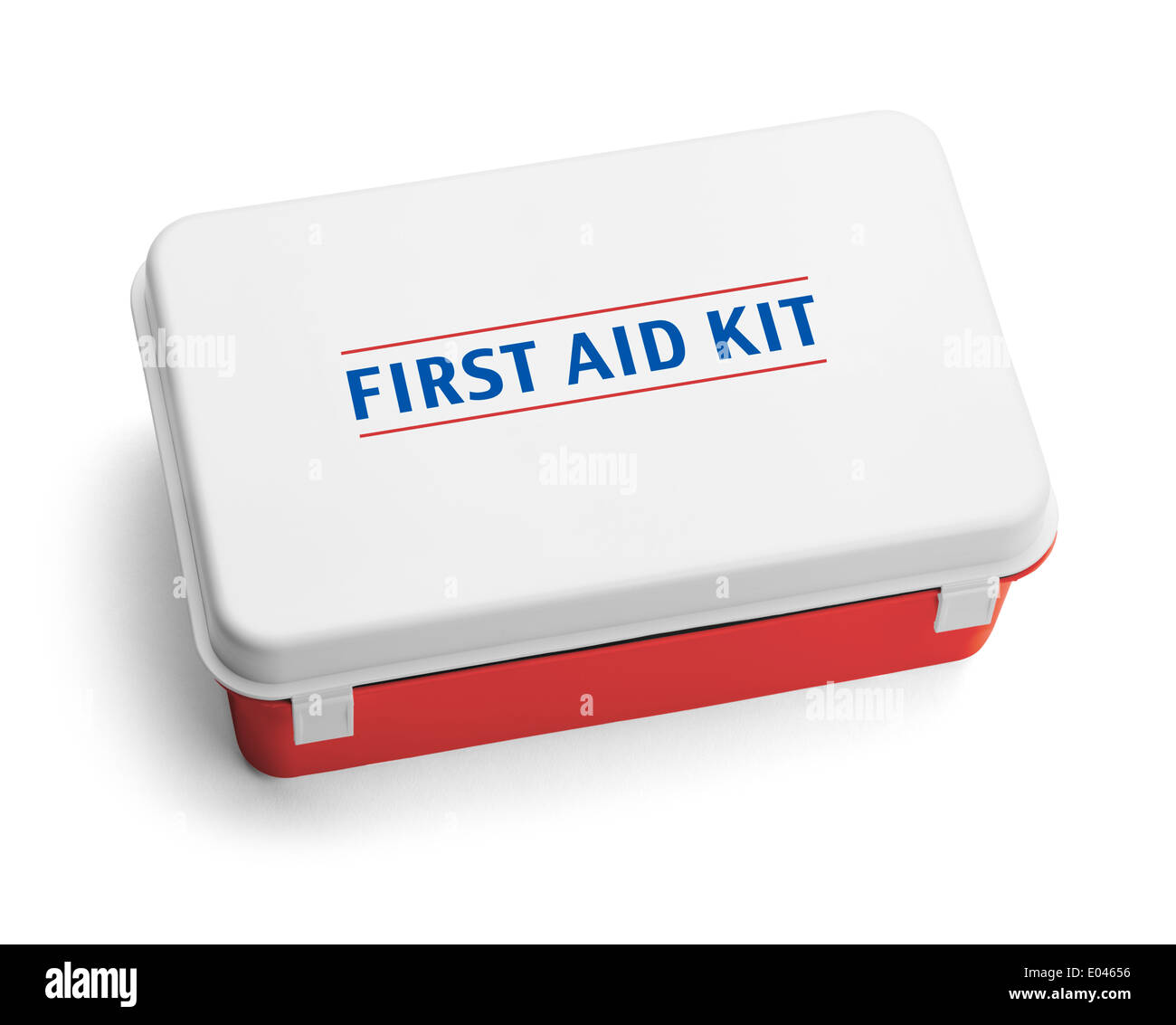 El plástico de la caja del kit de primeros auxilios, eso es rojo, blanco y azul. Aislado sobre fondo blanco. Foto de stock