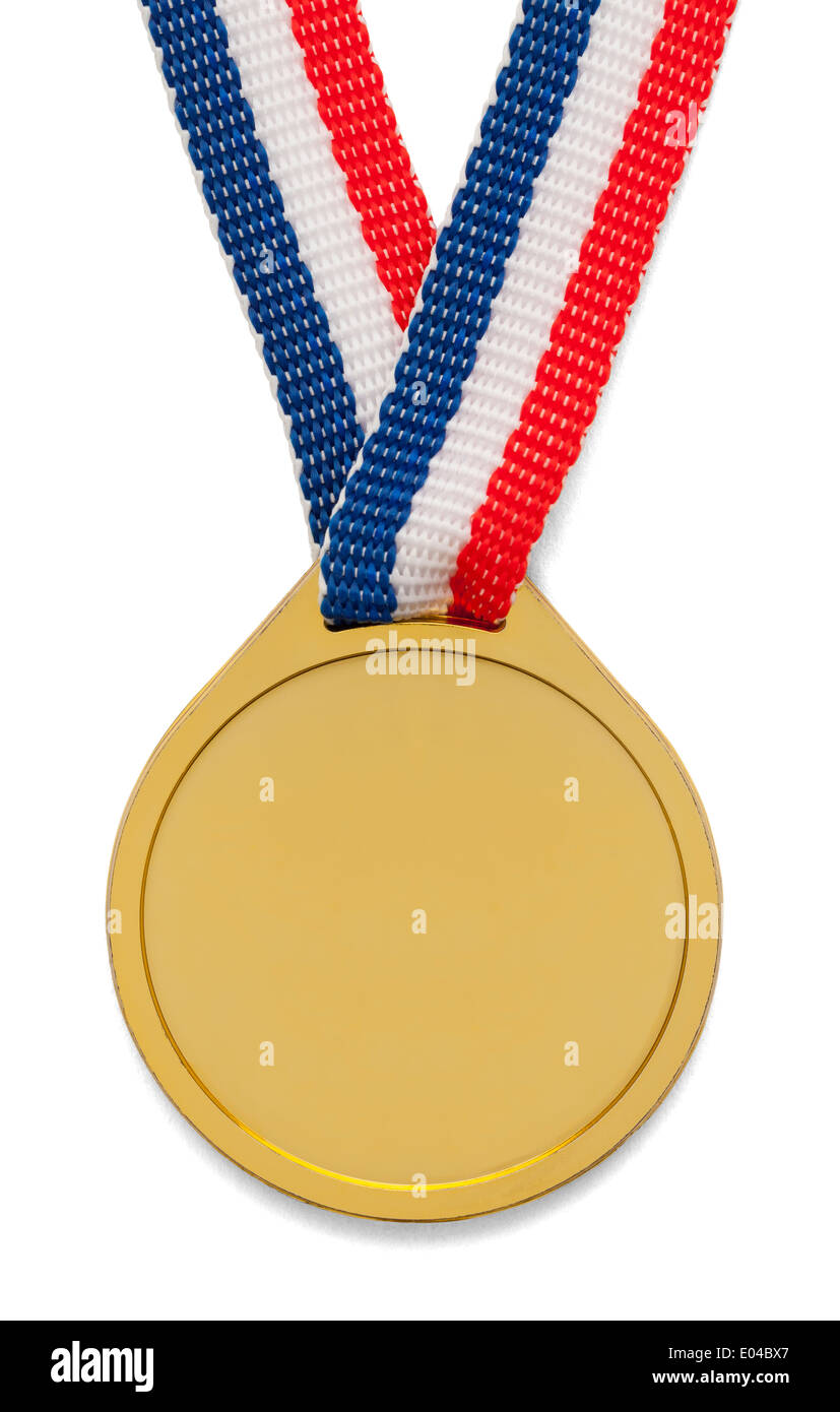 Medalla de Oro en blanco con cinta aislado sobre fondo blanco. Foto de stock