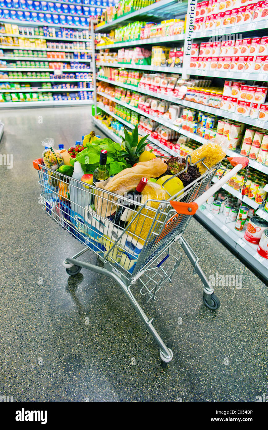 Una cesta de la compra está en camino de un supermercado entre los estantes., Ein Einkaufswagen steht en einem eines Supermarktes Gang Foto de stock