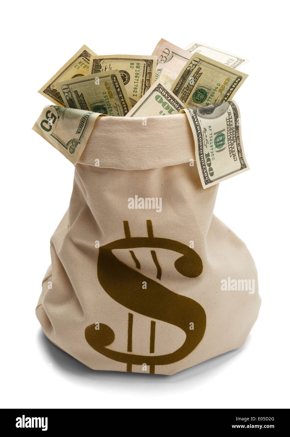 Bolsa de banco llena de dinero con dinero símbolo $ aislado sobre un fondo blanco. Foto de stock