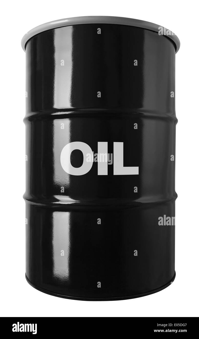 Tambor de 55 galones de aceite negro aislado sobre fondo blanco. Foto de stock