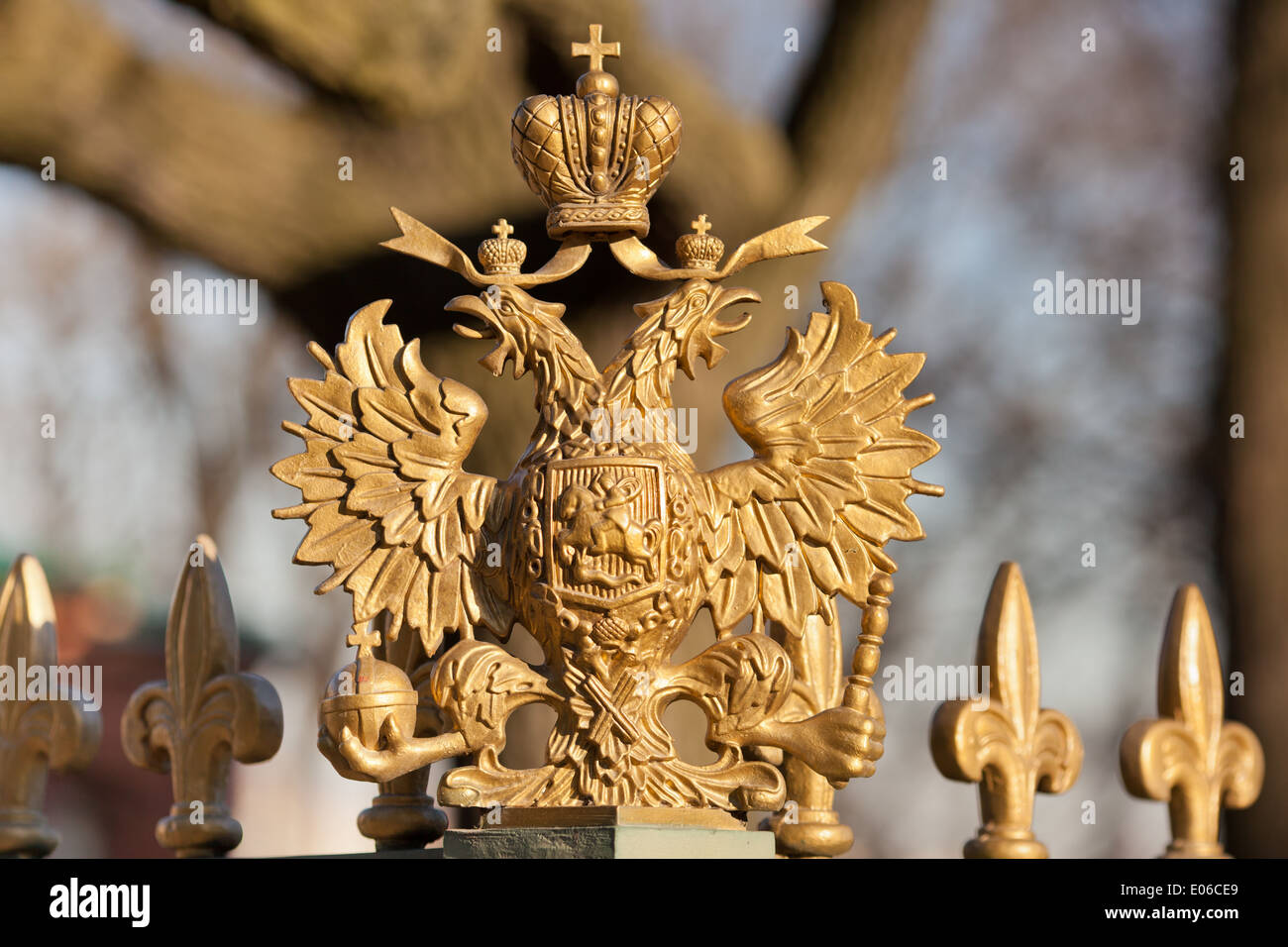 Estado águila bicéfala rusa sobre la valla de la cabaña de Pedro el Grande  en San Petersburgo, Rusia Fotografía de stock - Alamy