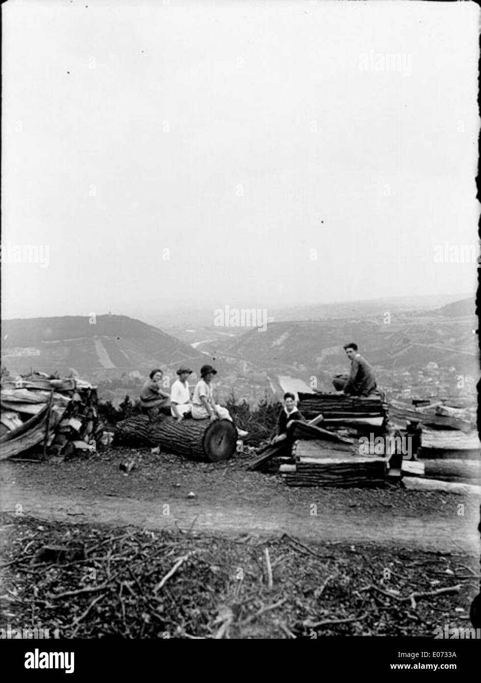 Jeunes gens assis sur des troncs d'ARBRES coupés, dominante une vallée dans la Rhénanie-Palatinat Foto de stock