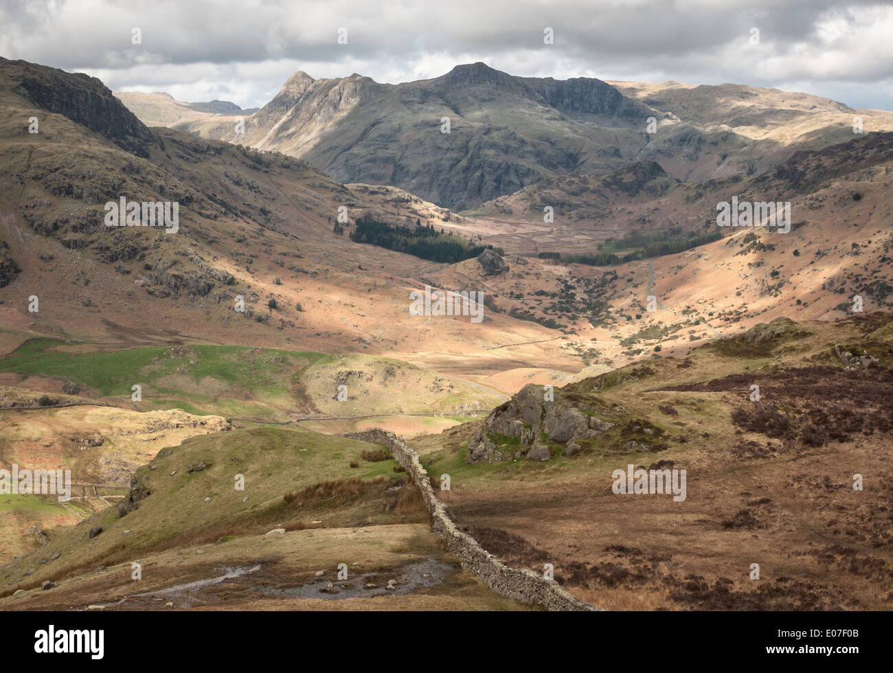 Vista desde Hawk Rigg sobre Blea Moss hacia el Langdale Pikes en el distrito inglés de Lake District. Foto de stock