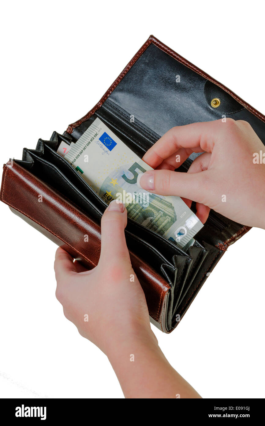 En un monedero hay algunos euro-billetes de banco. El dinero escasea por la nueva pobreza, einer Geldboerse befinden sich ei Foto de stock