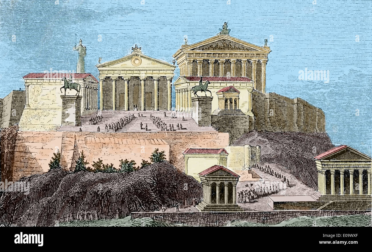 Grecia. Acrópolis de Atenas. Grabado. Siglo xix. Posteriormente coloración. Foto de stock