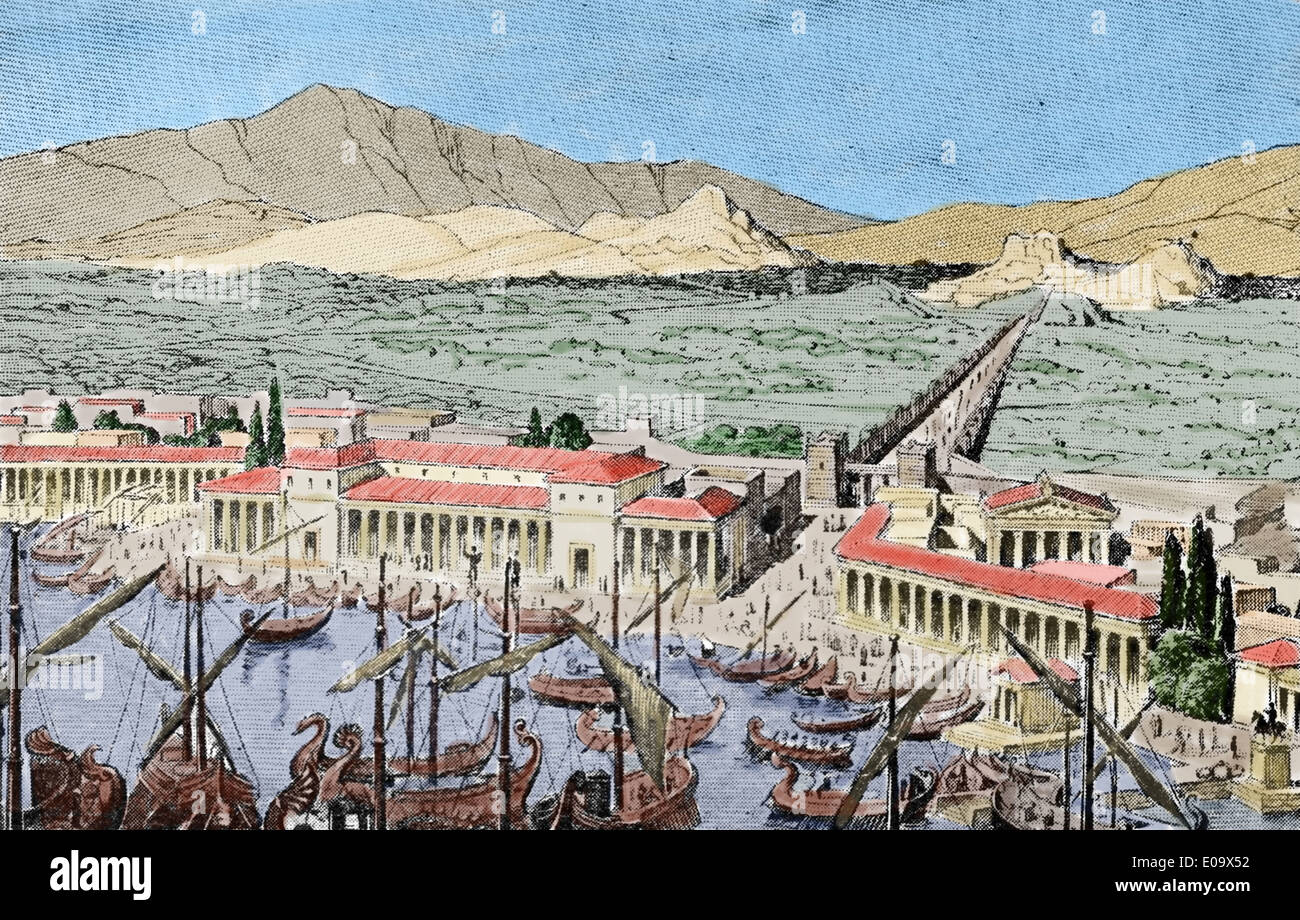 La antigua Grecia. El Pireo o puerto de Atenas. Esbozo de Historia General, 1899. Grabado. Posteriormente coloración. Foto de stock
